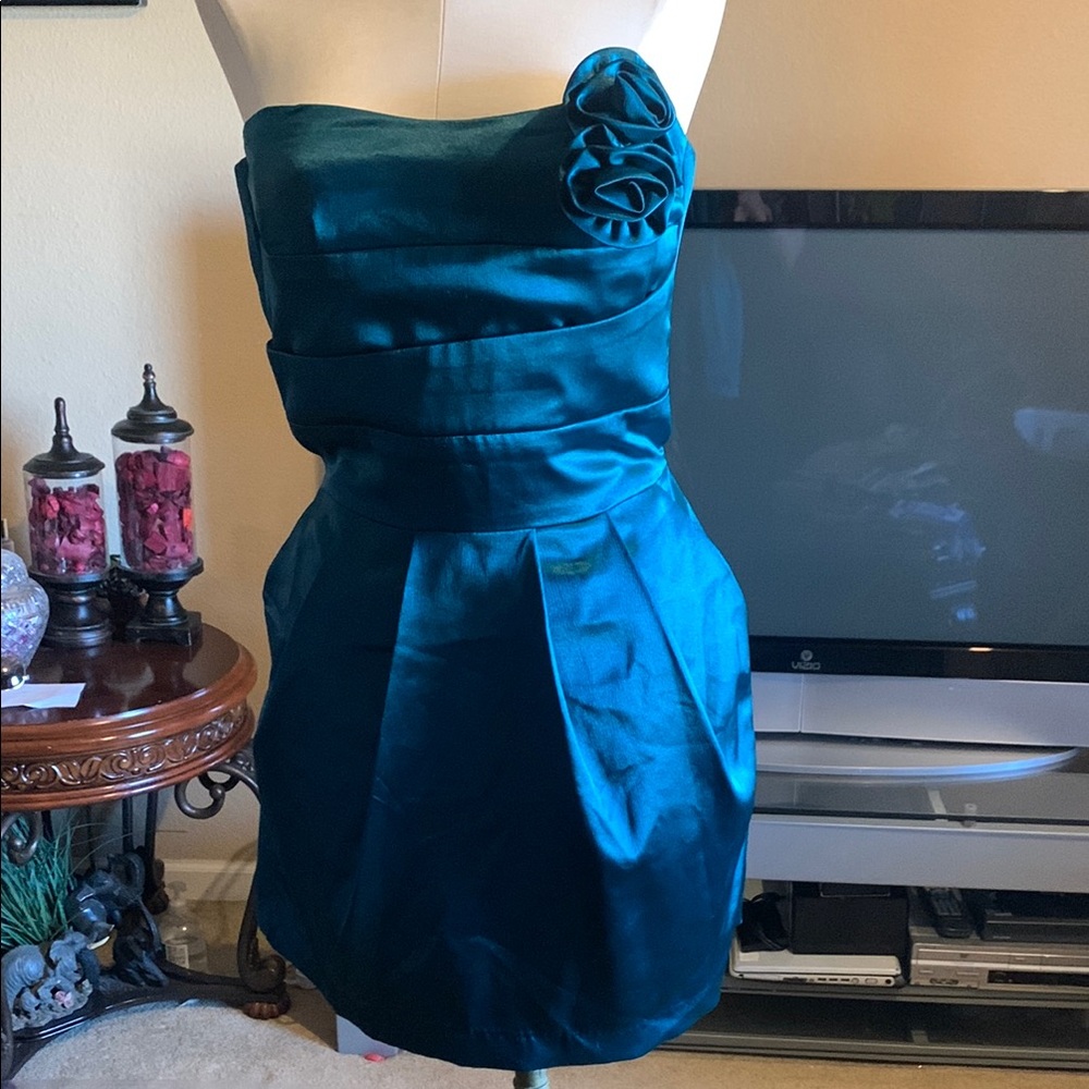 Blue Strapless Ruched Sheath Dress